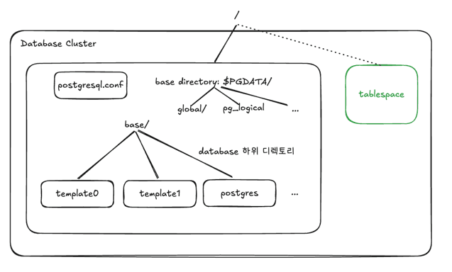 Database Cluster의 물리적 구조 — $PGDATA 디렉토리 아래 base/, global/, pg_logical 등의 하위 디렉토리와 tablespace가 배치된다.